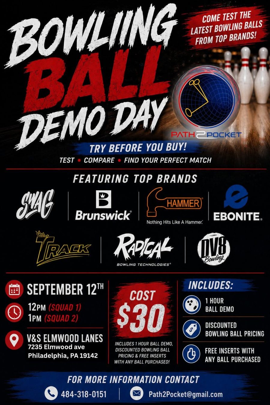 Flyer: Bowling Ball Demo Day, September 12, V&S Elmwood Lanes